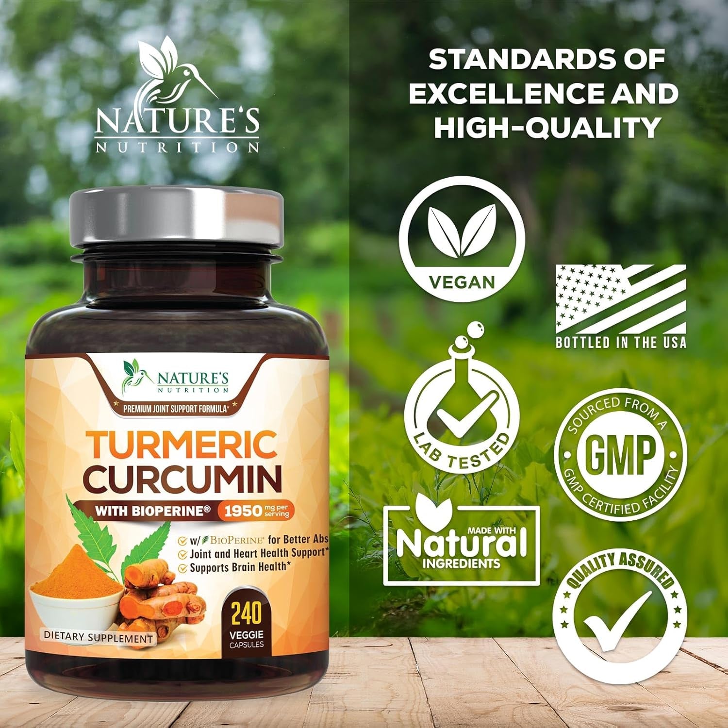 Turmeric Curcumin Supplement 1950Mg - 95% Curcuminoids with Organic Tumeric & Bioperine Black Pepper for Best Absorption, Nature'S Joint & Immune Support, Vegan, Non-Gmo, Bottled in USA, 240 Capsules