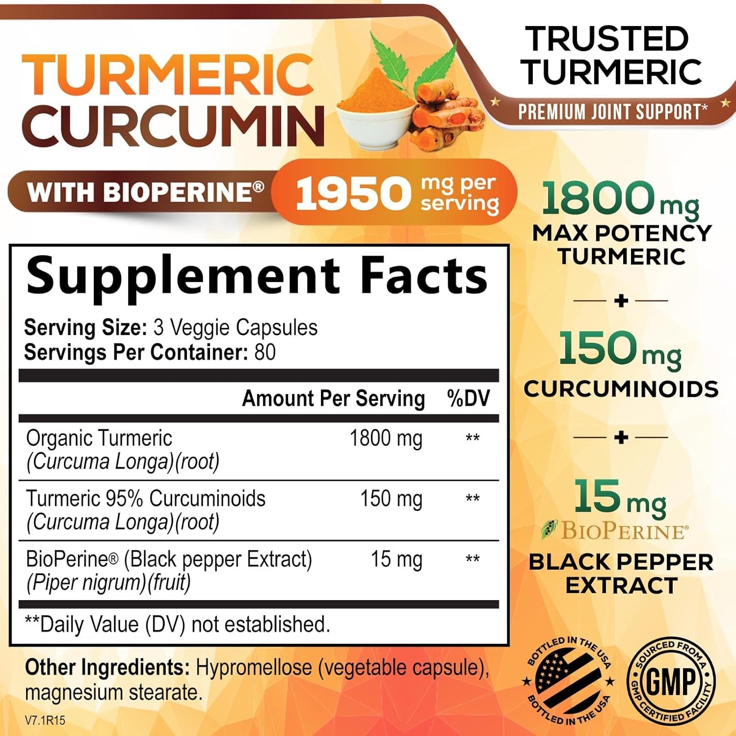 Turmeric Curcumin Supplement 1950Mg - 95% Curcuminoids with Organic Tumeric & Bioperine Black Pepper for Best Absorption, Nature'S Joint & Immune Support, Vegan, Non-Gmo, Bottled in USA, 240 Capsules