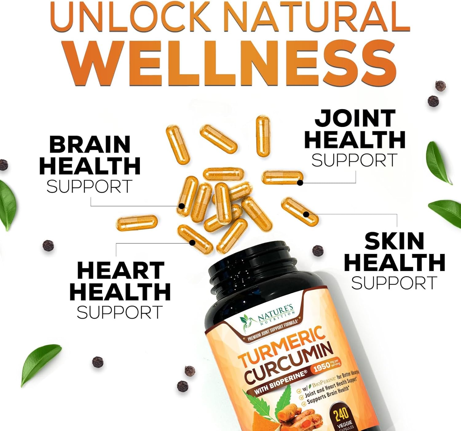 Turmeric Curcumin Supplement 1950Mg - 95% Curcuminoids with Organic Tumeric & Bioperine Black Pepper for Best Absorption, Nature'S Joint & Immune Support, Vegan, Non-Gmo, Bottled in USA, 240 Capsules